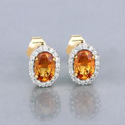 14KT Yellow Gold 1.66ctw Orange Sapphire and White Diamond Earrings