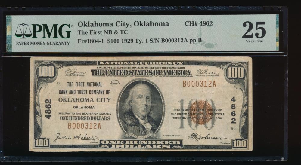 1929 $100 Oklahoma City OK National PMG 25