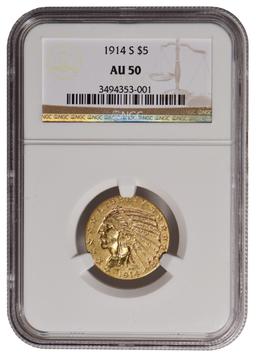 1914-S $5 Indian Head Half Eagle Gold Coin NGC AU50