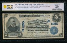 1902 $5 New York NY National PCGS 20