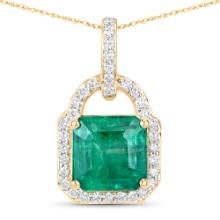 14KT Yellow Gold 3.01ct Zambian Emerald and Diamond Pendant with Chain