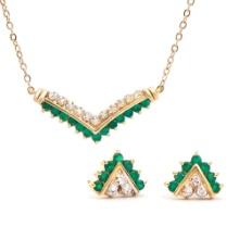 Plated 18KT Yellow Gold 1.00ctw Green Agate and Diamond Pendant with Chain and Earrings