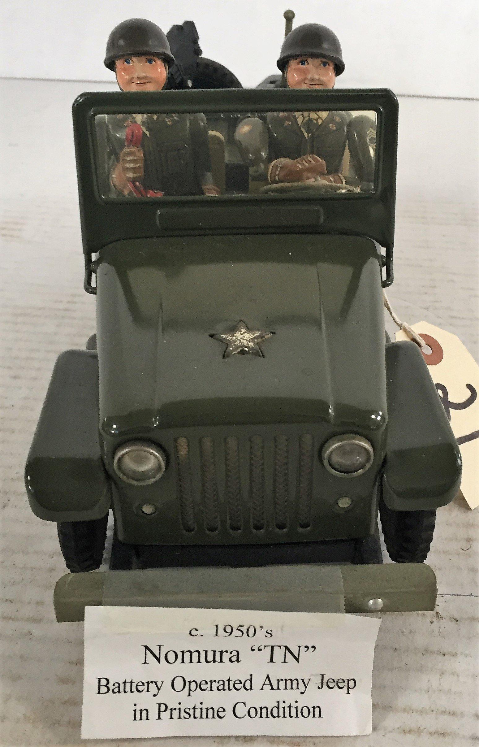 1950'S NOMURA TIN. BATTERY OPERATED ARMY JEEP W/DRIVER AND PASSENGER