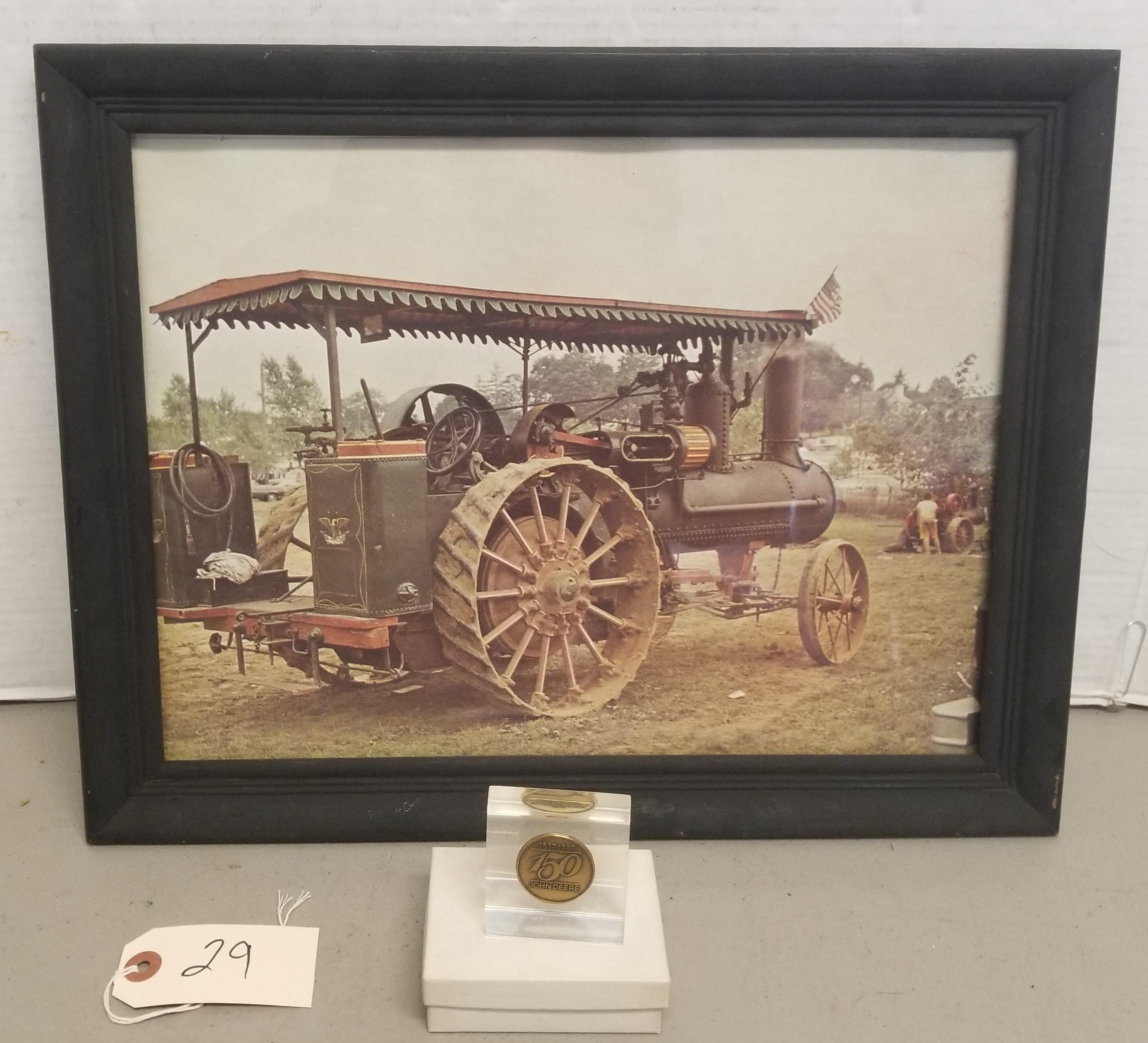 Early Steam Engine Tractor Print & John Deere pendant,