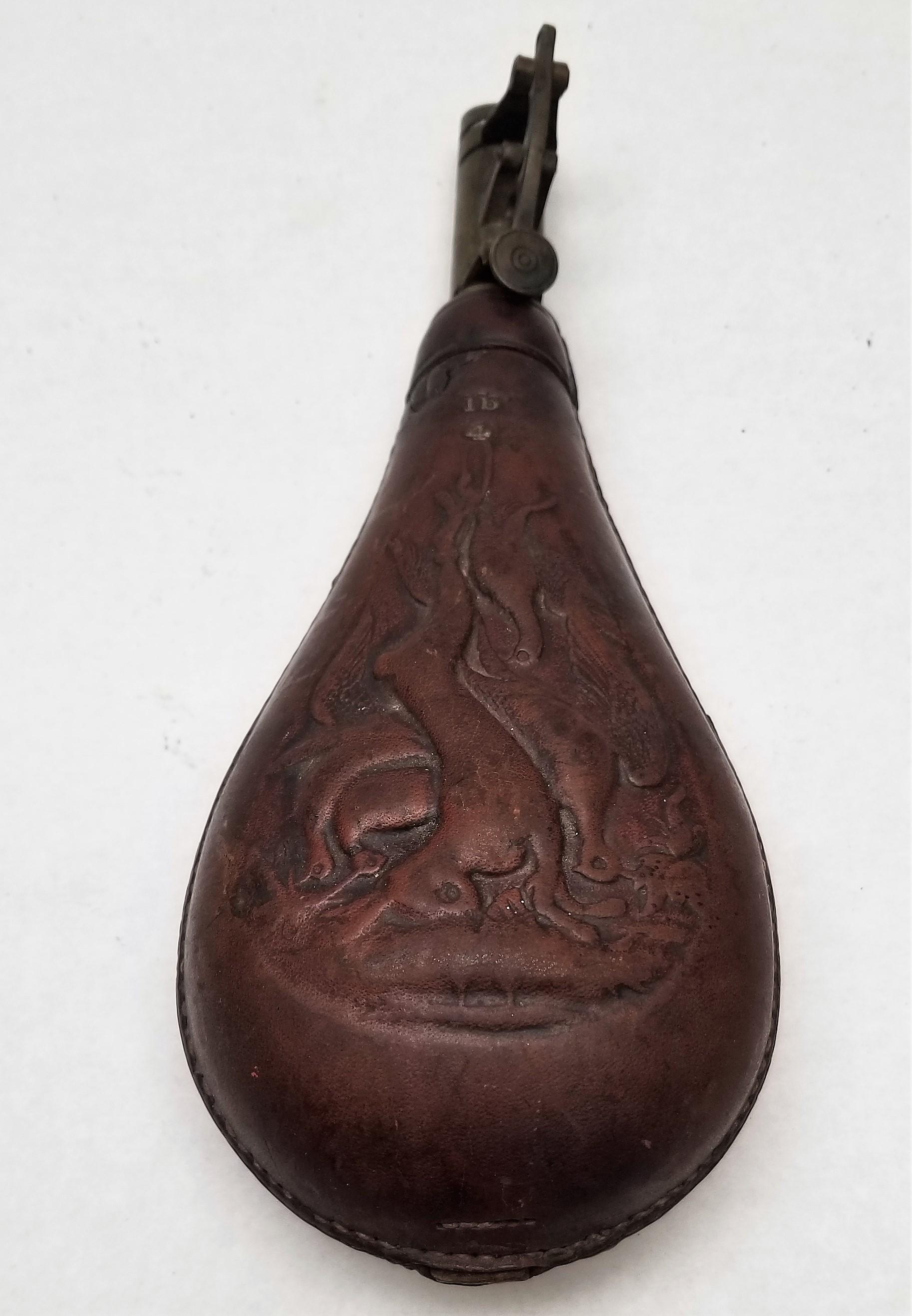 Early Embossed Leather 4lb Powder Flask