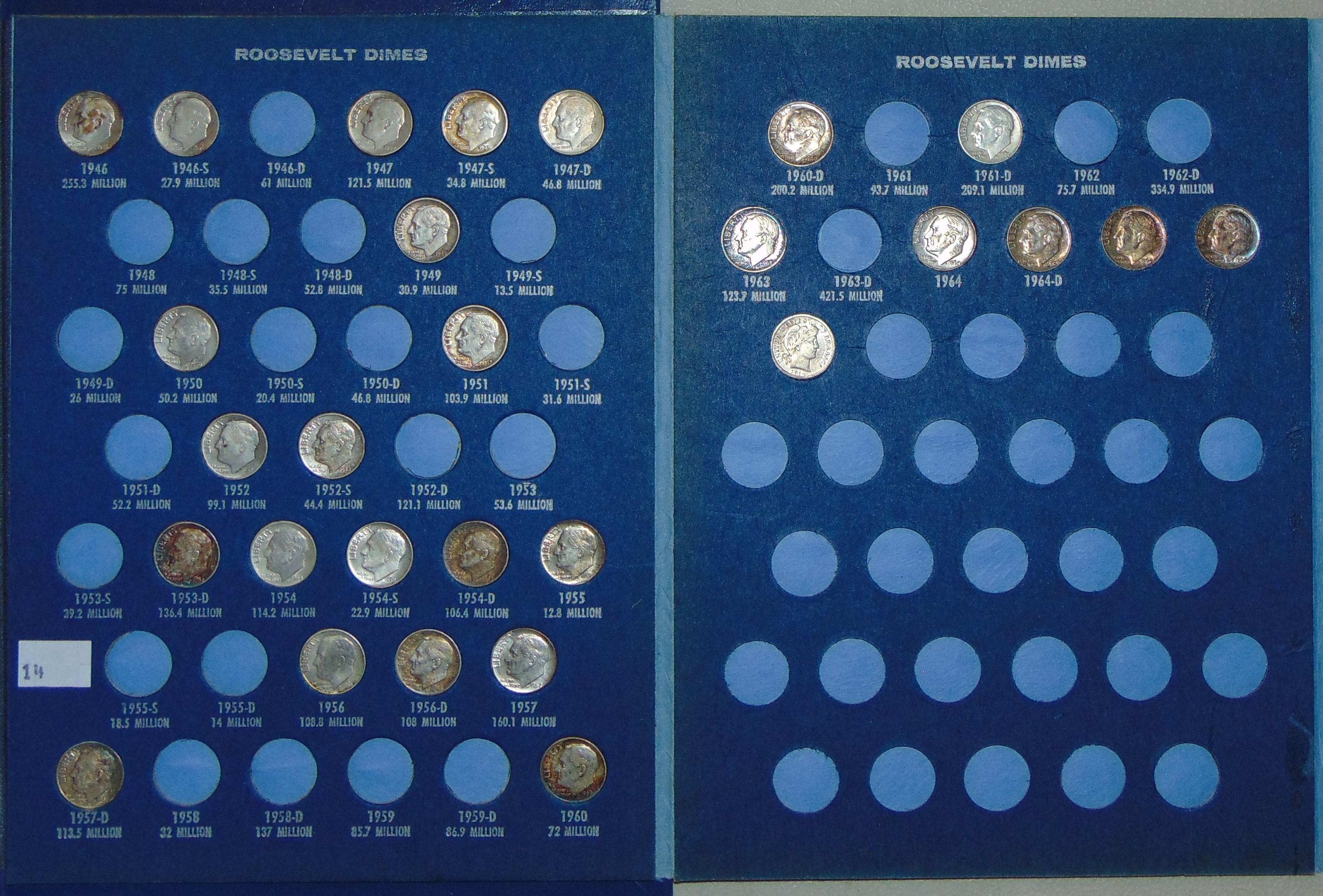 42 Silver Dimes in Harris Album 1914-1964-D.