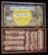 9 full rolls of Wheat Cents: 1950, 1951, 1952,