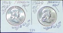 1962, 1962-D Franklin Half Dollars MS+, MS+.