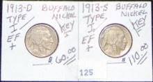 1913-D, 1913-S Type 1 Buffalo Nickels EF, EF.