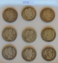 9 Barber Quarters: 1893, 1896, 1903, 1904, 1908,