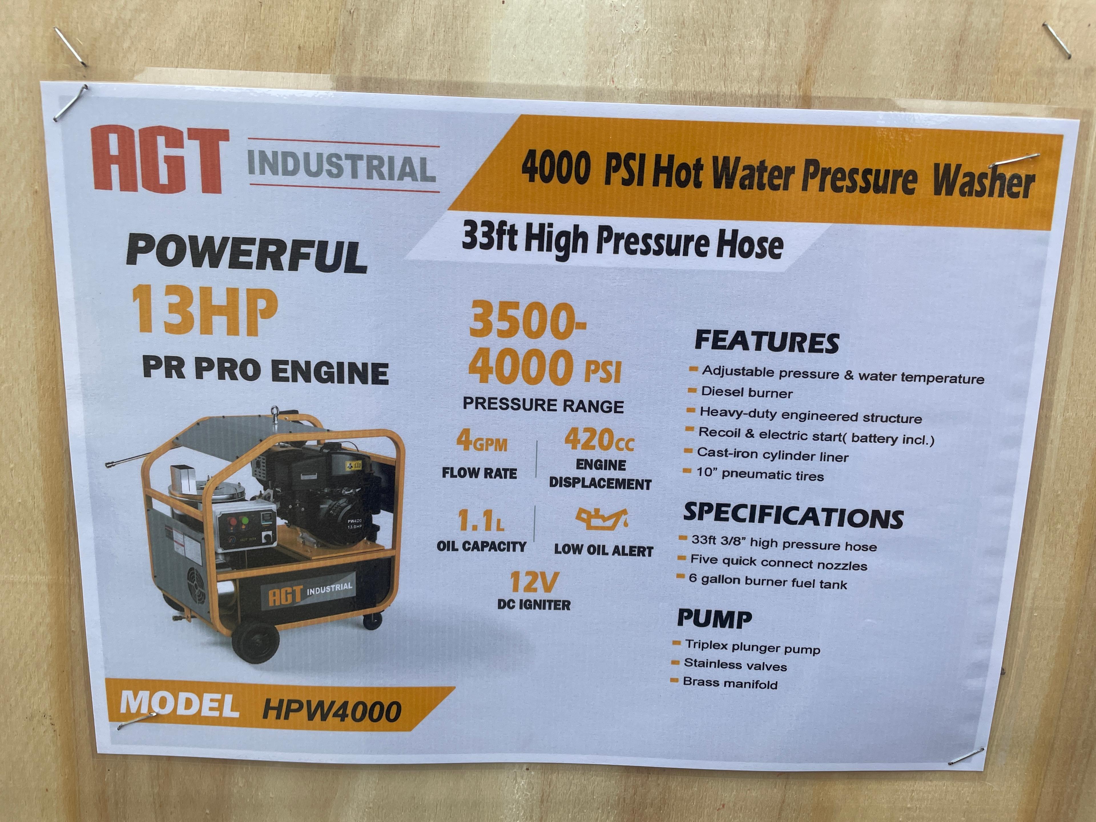 New AGT 4,000 PSI Hot Water Pressure Washer