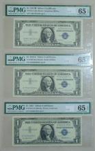 3 $1 Silver Certificates PMG Gem UNC. 65, 1957,