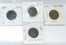 4 Half Cents: 1805 AG. 1810 P. 1826 P. 1834 VF.