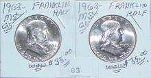 2 1963 Franklin Half Dollars MS, MS.