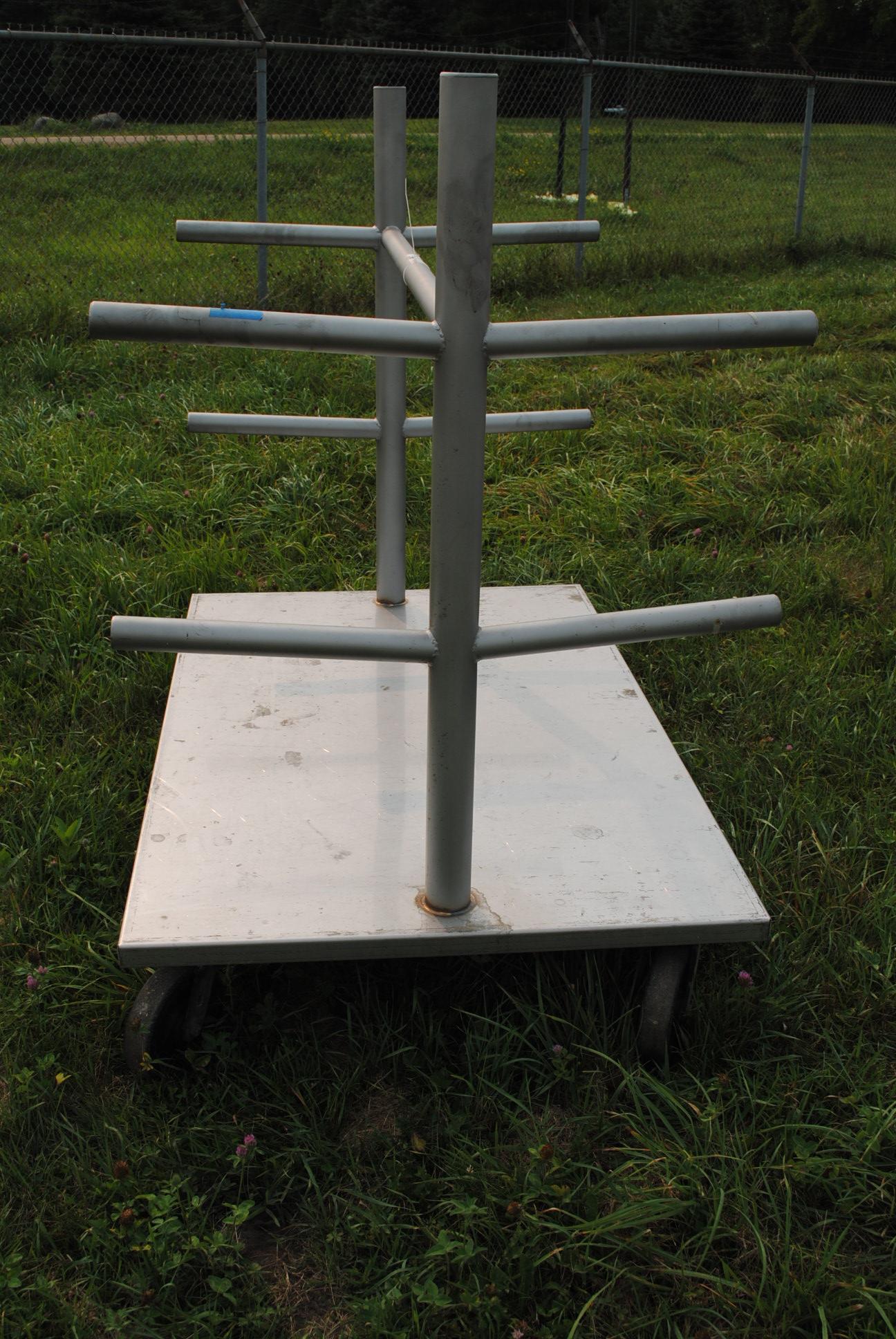 3-tier iron rack, (not adjustable) on wheels, stainless steel bottom, 64"x40"x48"