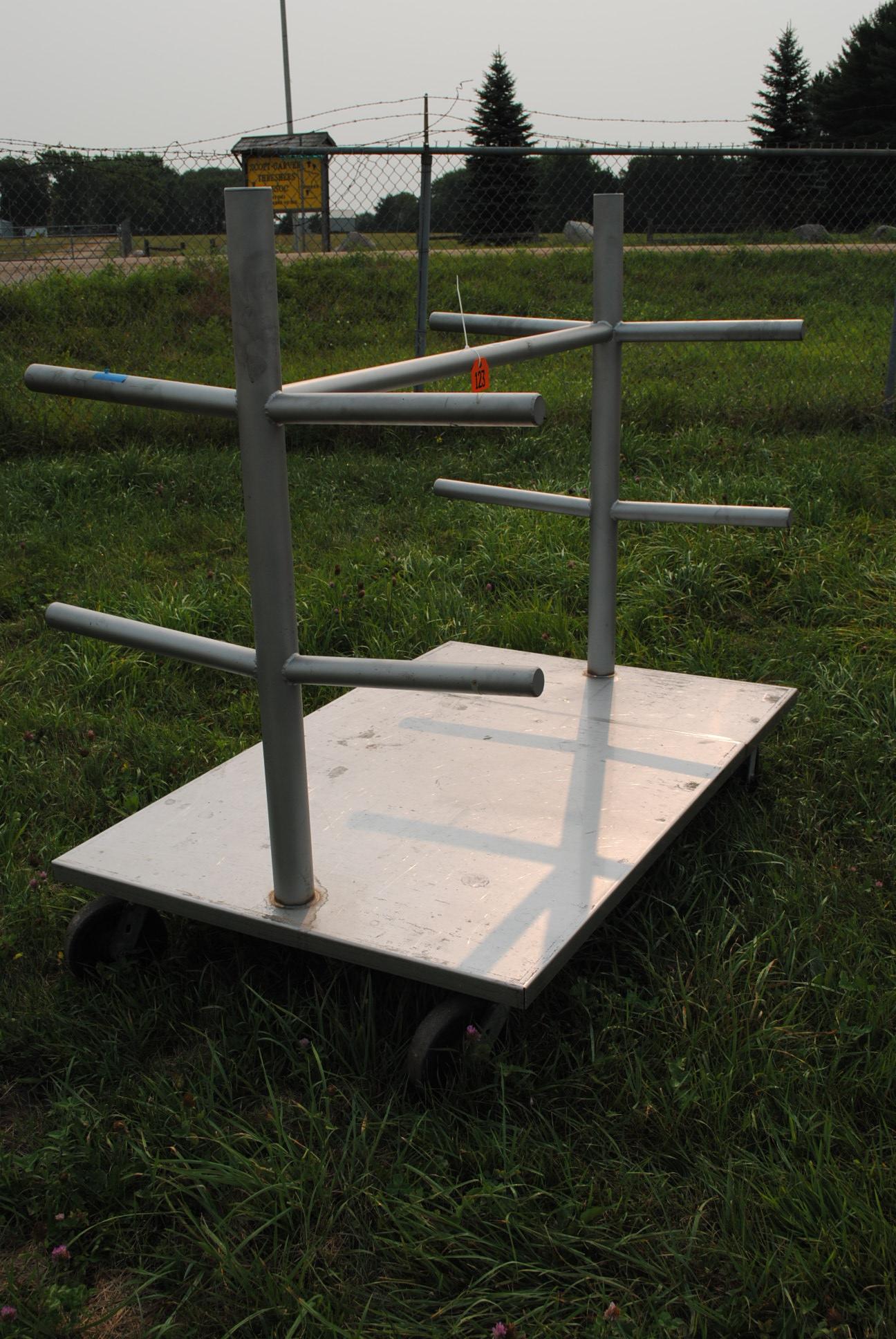 3-tier iron rack, (not adjustable) on wheels, stainless steel bottom, 64"x40"x48"