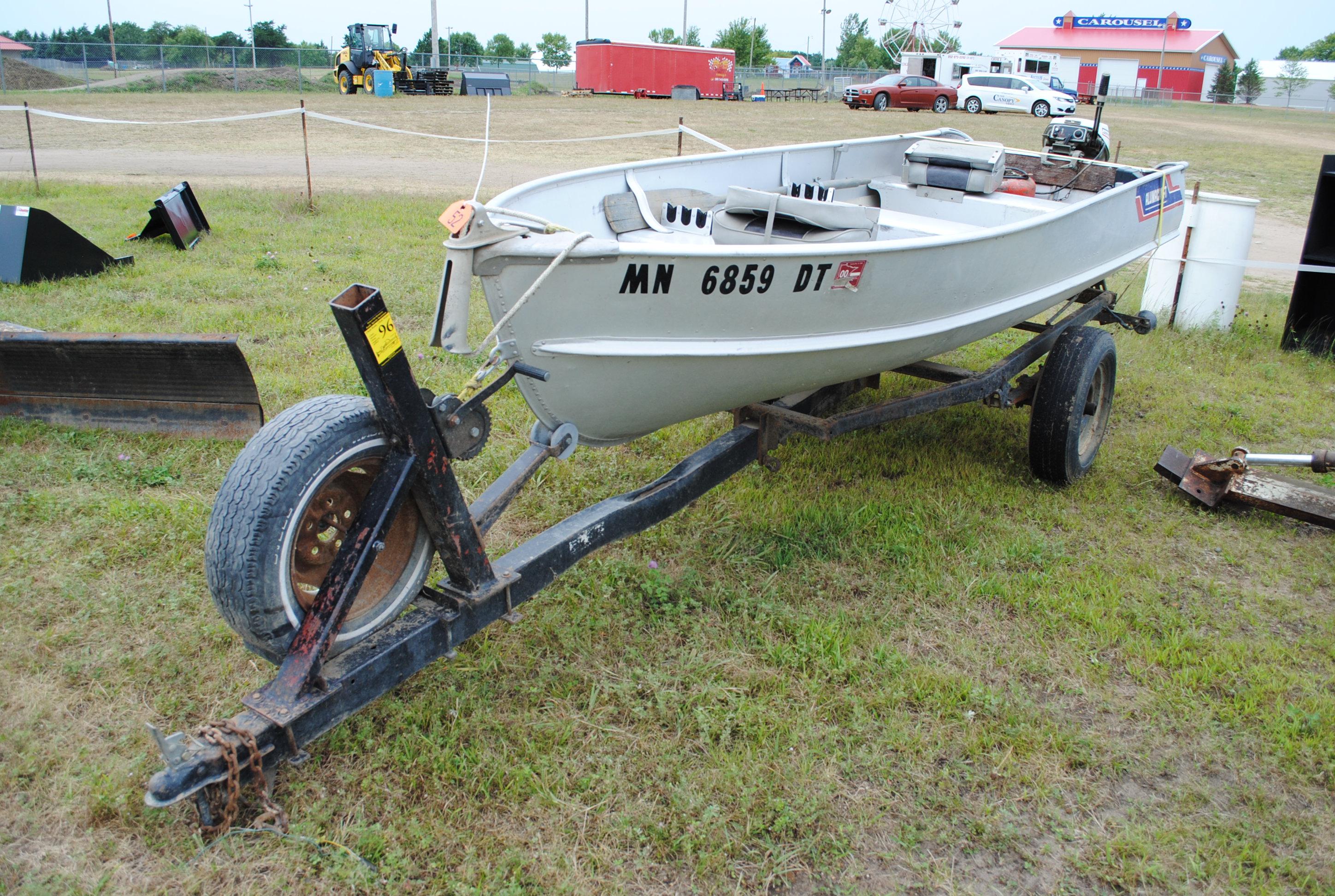 1977 14' Alumacraft boat, 9.5HP Johnson motor, locator, oars, gas tank, all on homemade trailer