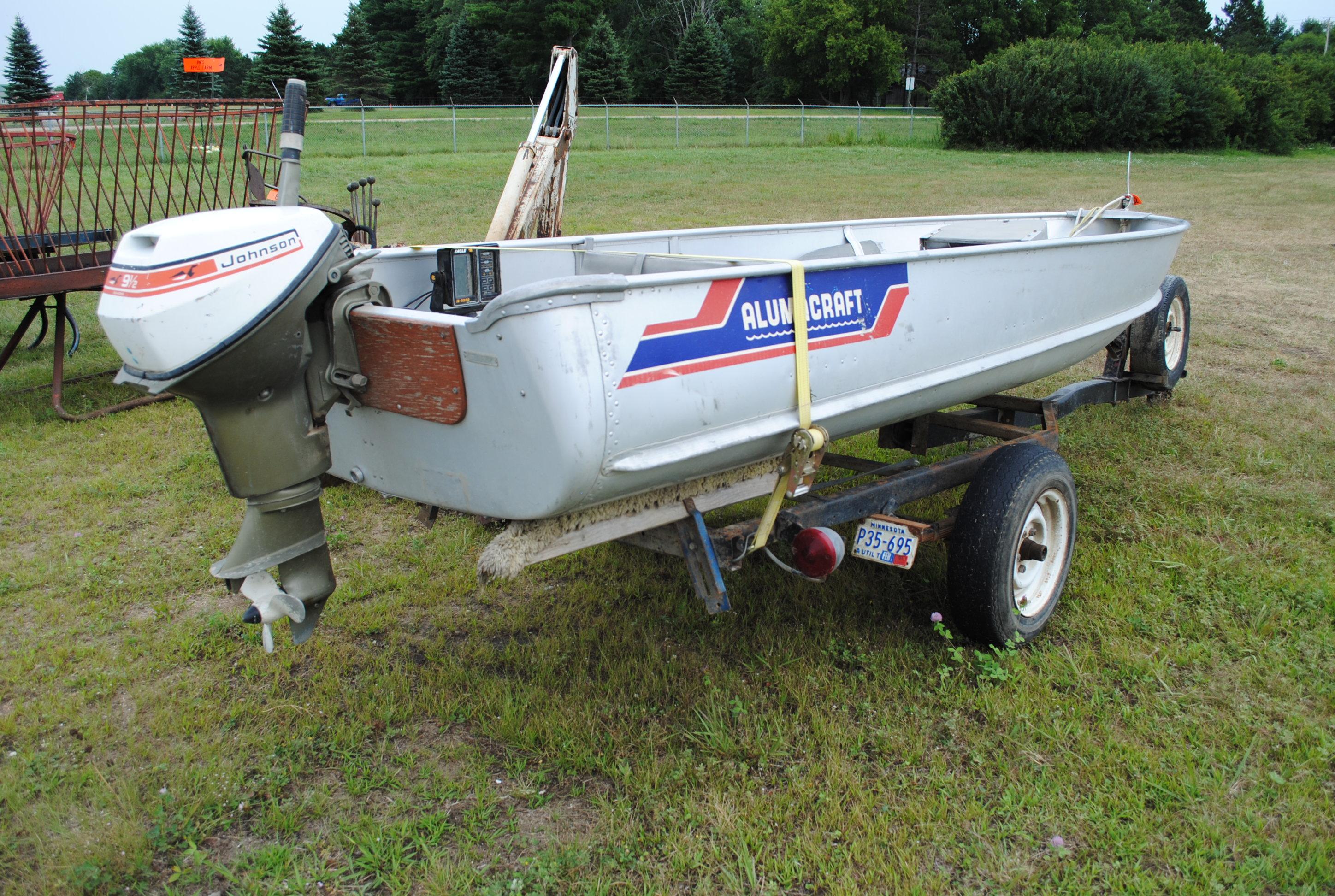 1977 14' Alumacraft boat, 9.5HP Johnson motor, locator, oars, gas tank, all on homemade trailer