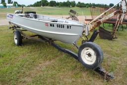 1977 14' Alumacraft boat, 9.5HP Johnson motor, locator, oars, gas tank, all on homemade trailer