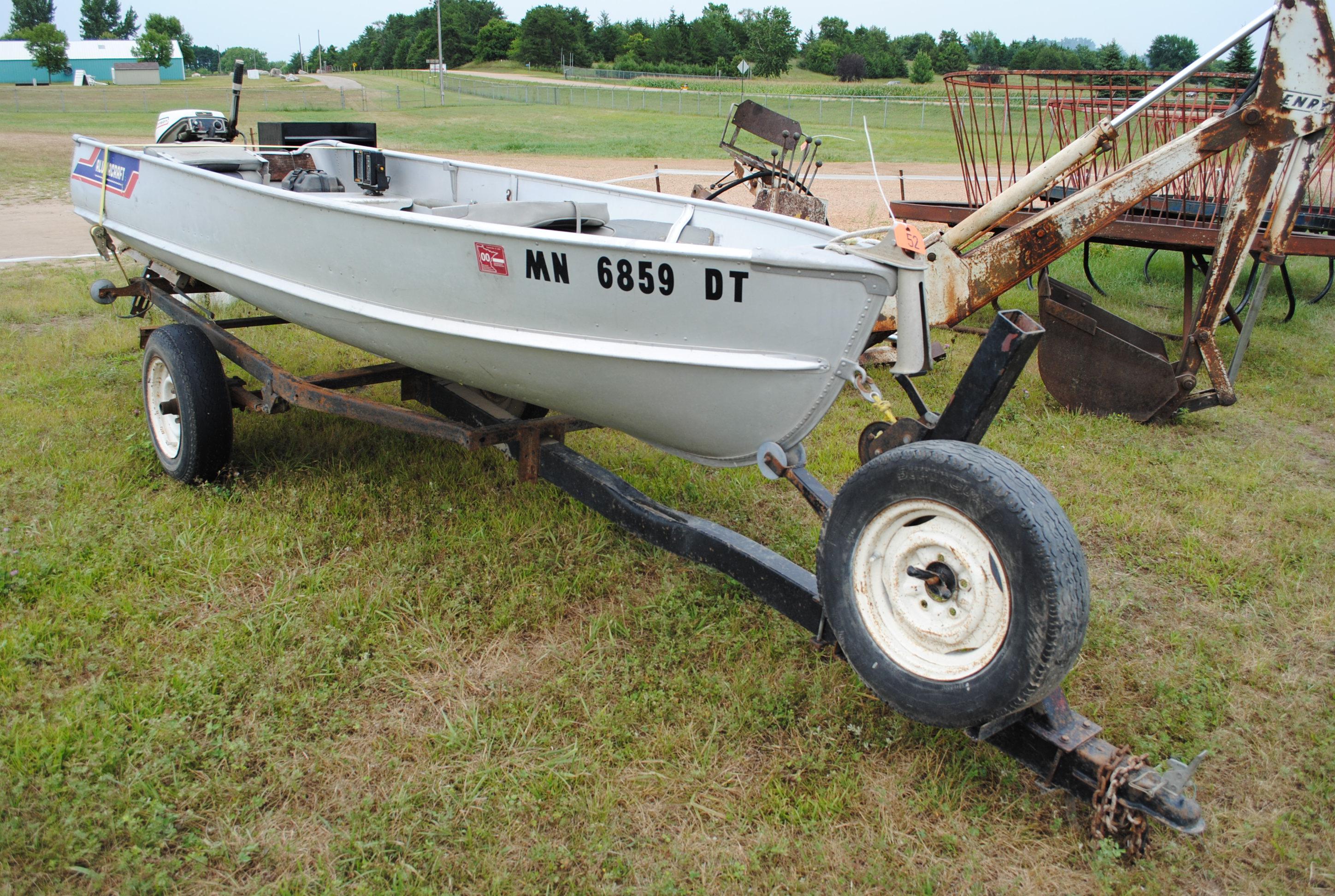 1977 14' Alumacraft boat, 9.5HP Johnson motor, locator, oars, gas tank, all on homemade trailer