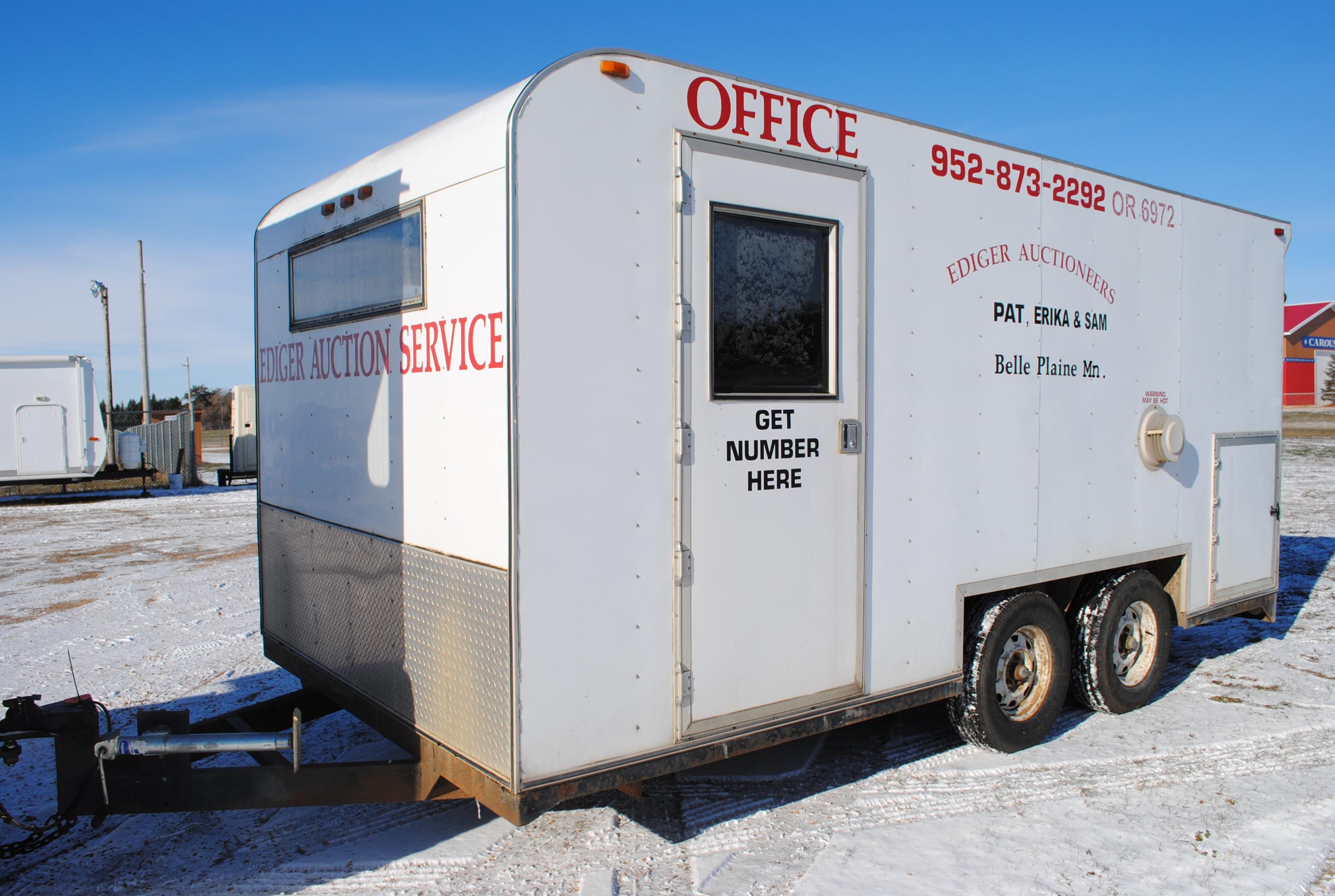 18' Office Trailer, tandem axle, brand new tires with less than 200 miles on, curb side window, pass