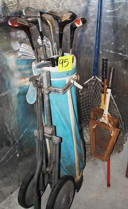 Robin Robinson Golf set, fish net, ice scoop, old tennis rackets, Coleman 2-burner camp stove in box