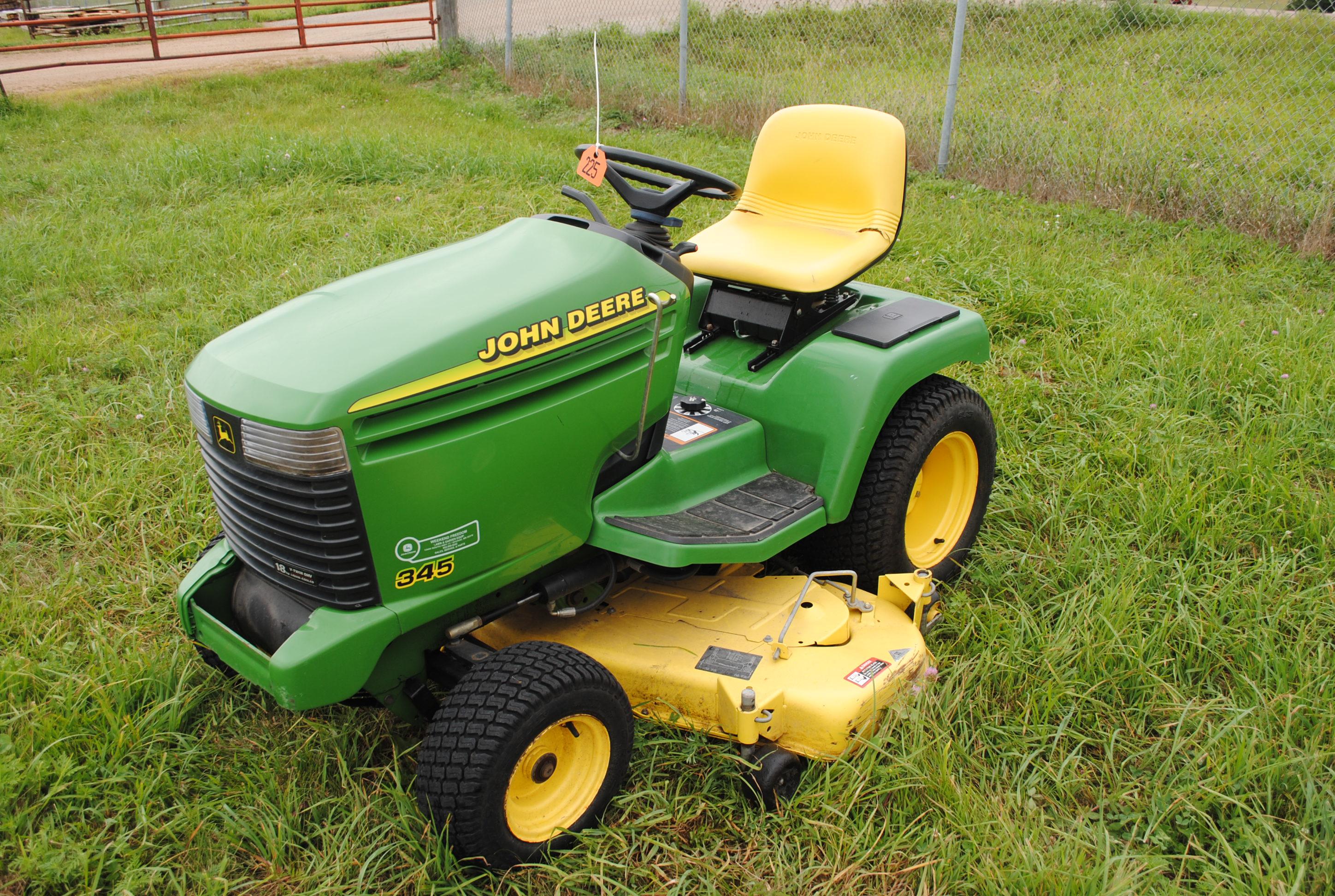 John Deere 345 Mower with 54" deck, power steering, hydraulic lift, liquid cooles, 448 hours, will s