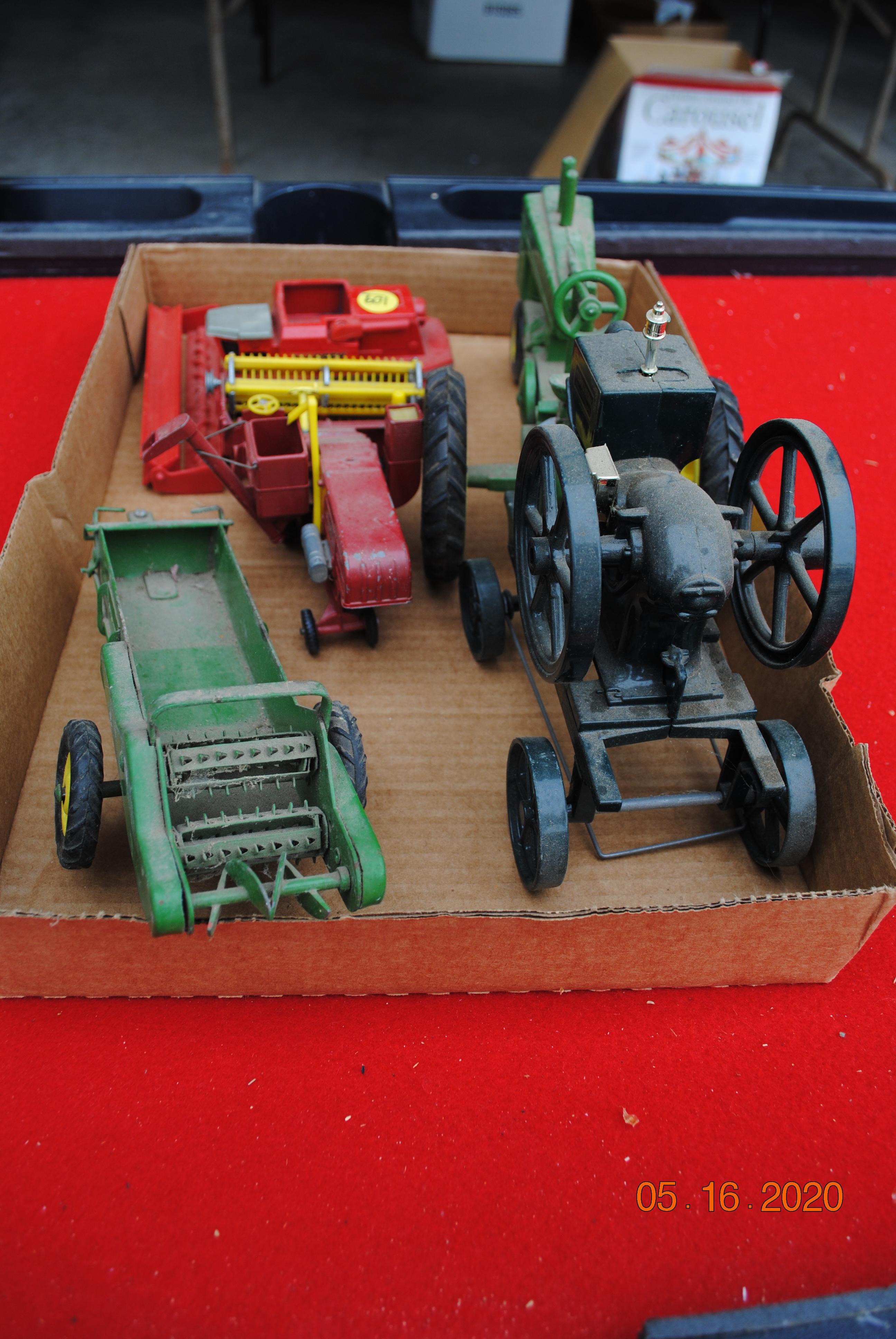 John Deere tractor, McCormick Deering hit & miss engine on cart, John Deere manure spreader, Massey