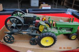 John Deere tractor, McCormick Deering hit & miss engine on cart, John Deere manure spreader, Massey