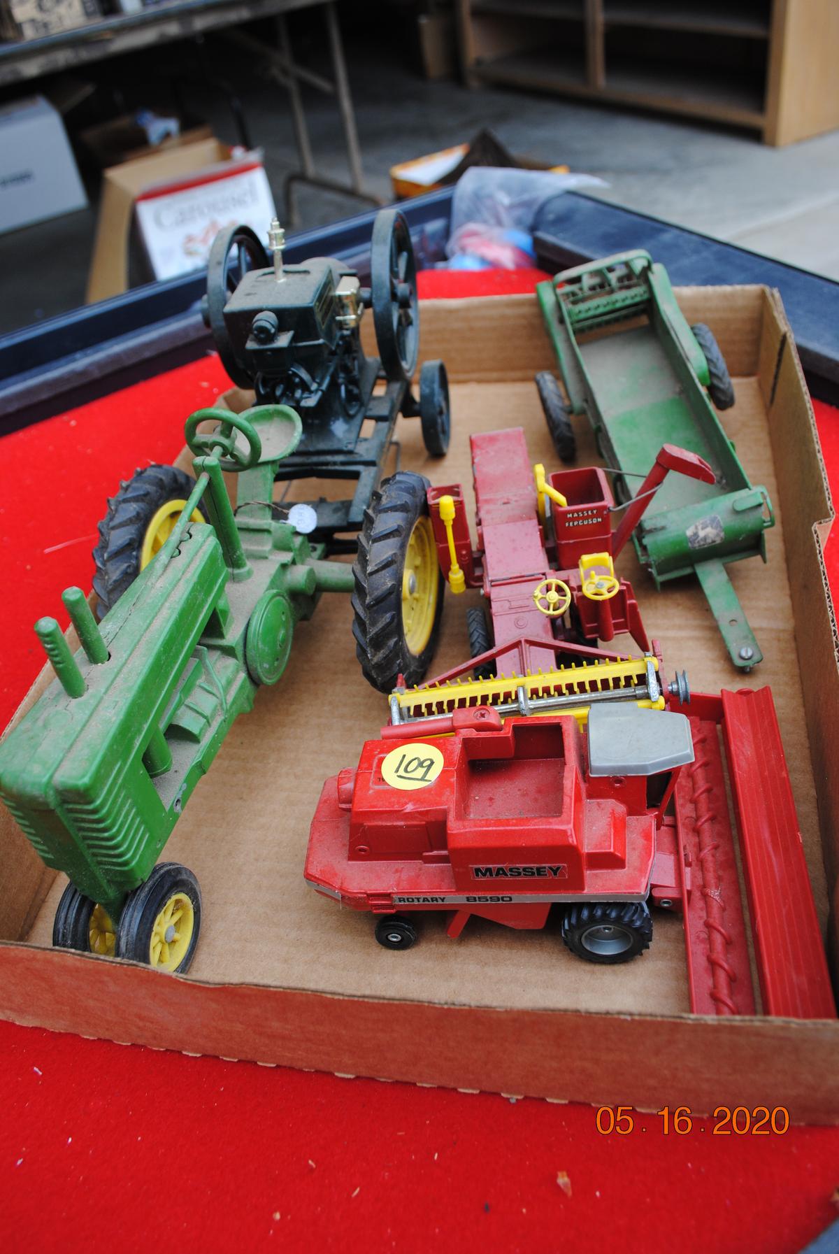 John Deere tractor, McCormick Deering hit & miss engine on cart, John Deere manure spreader, Massey