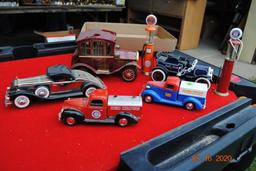 Toy gas pumps, misc. cars & trucks