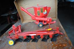 Minneapolis Moline 5-bottom plow, Massey Ferguson grinder mixer, red 3-point blade