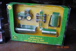 John Deere 5-piece toy set NIB, (3) 1/43 diecast cars NIB