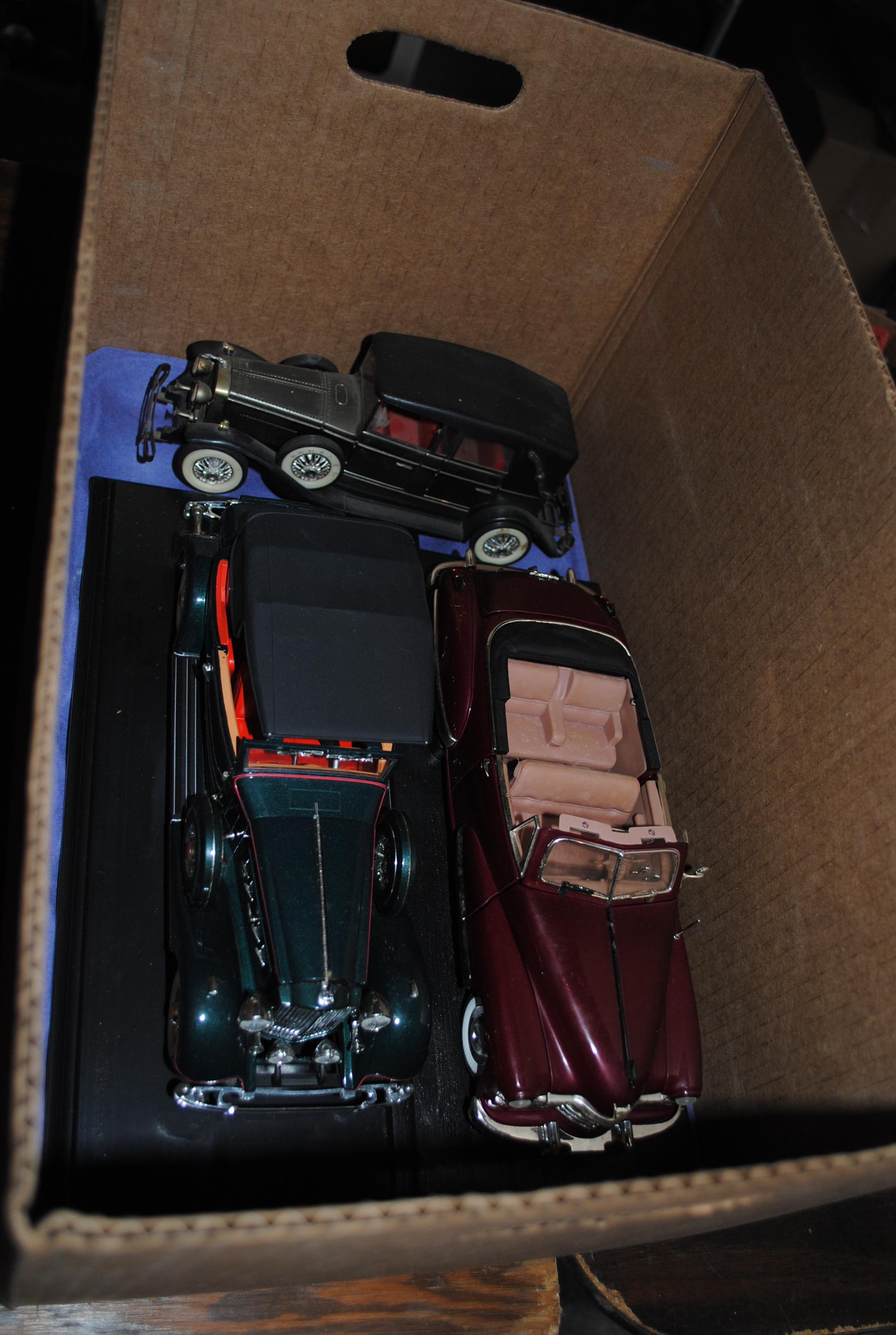 4 Boxes including misc. cars and trucks, toys