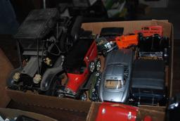 4 Boxes including misc. cars and trucks, toys