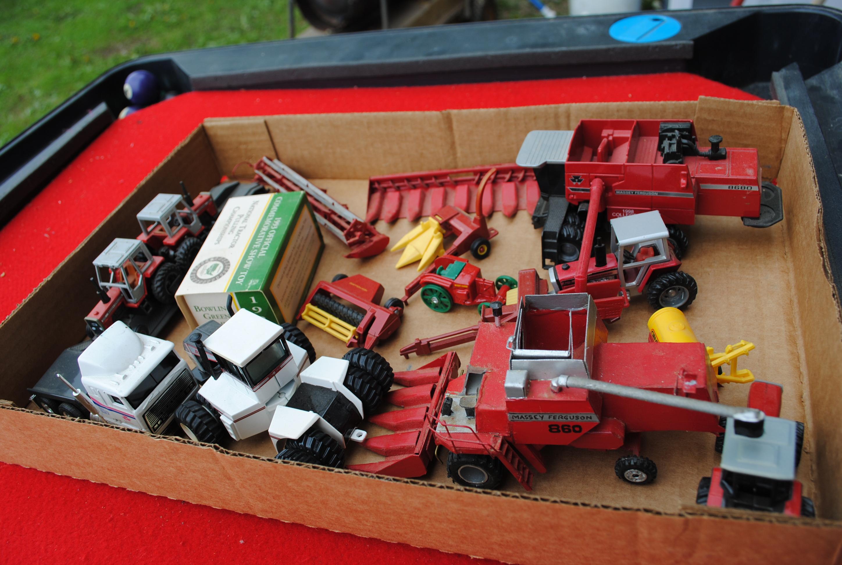 2 Boxes including 1/64 Ford, David Brown, semi tractors, New Holland, Massey, Big Bud, combines, tra