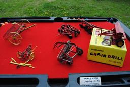 1/16 Dump rake, plow, Massey Ferguson hay rake, Massey Harris grain drill, 4-bottom plow, 1-bottom p
