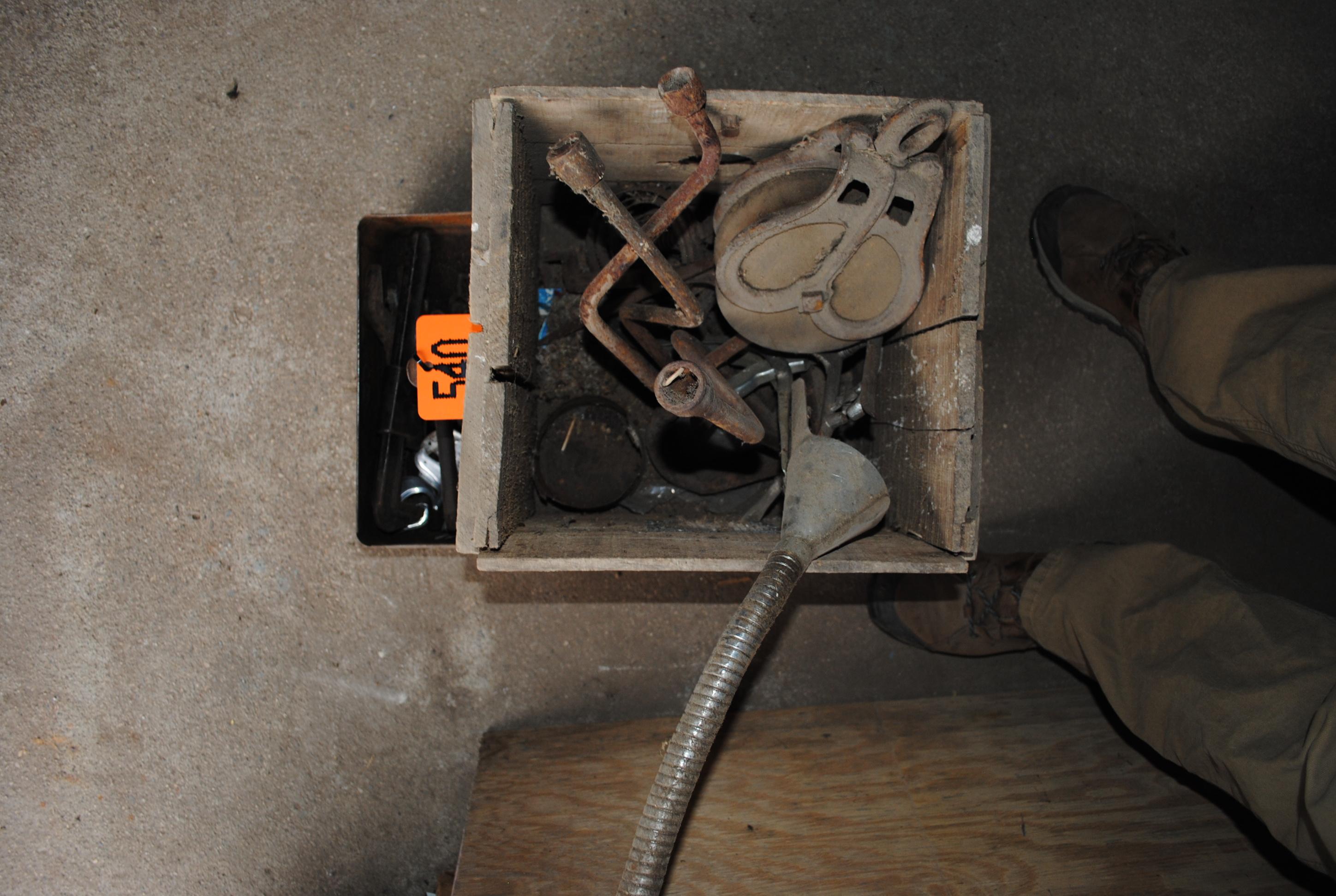 Fordson tractor tool box with misc. tools, wooden crate with misc. tools & pulley