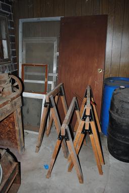 Wooden saw horses, wood door, misc. windows