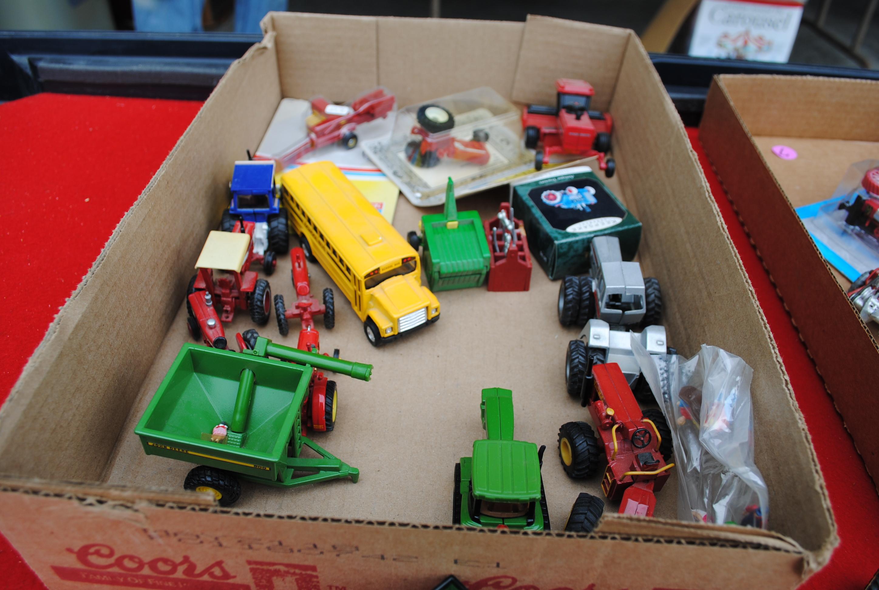 2 Boxes of 1/64 John Deere, Massey, IH, New Holland, Brent, Olver, tractors & implements