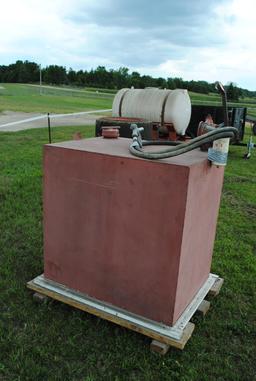 Approx. 200 gallon fuel tank with hand pump, filter & hose