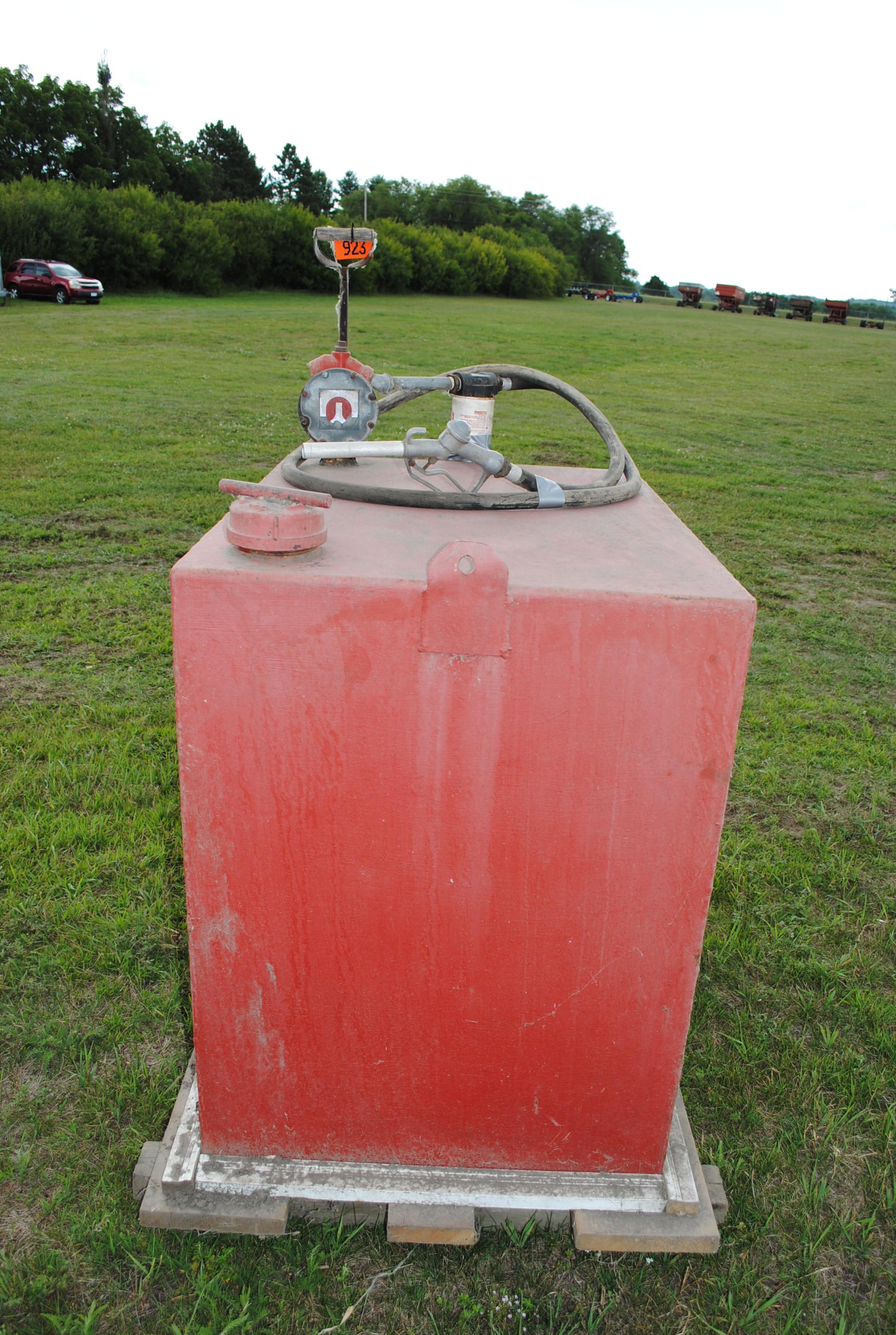 Approx. 200 gallon fuel tank with hand pump, filter & hose