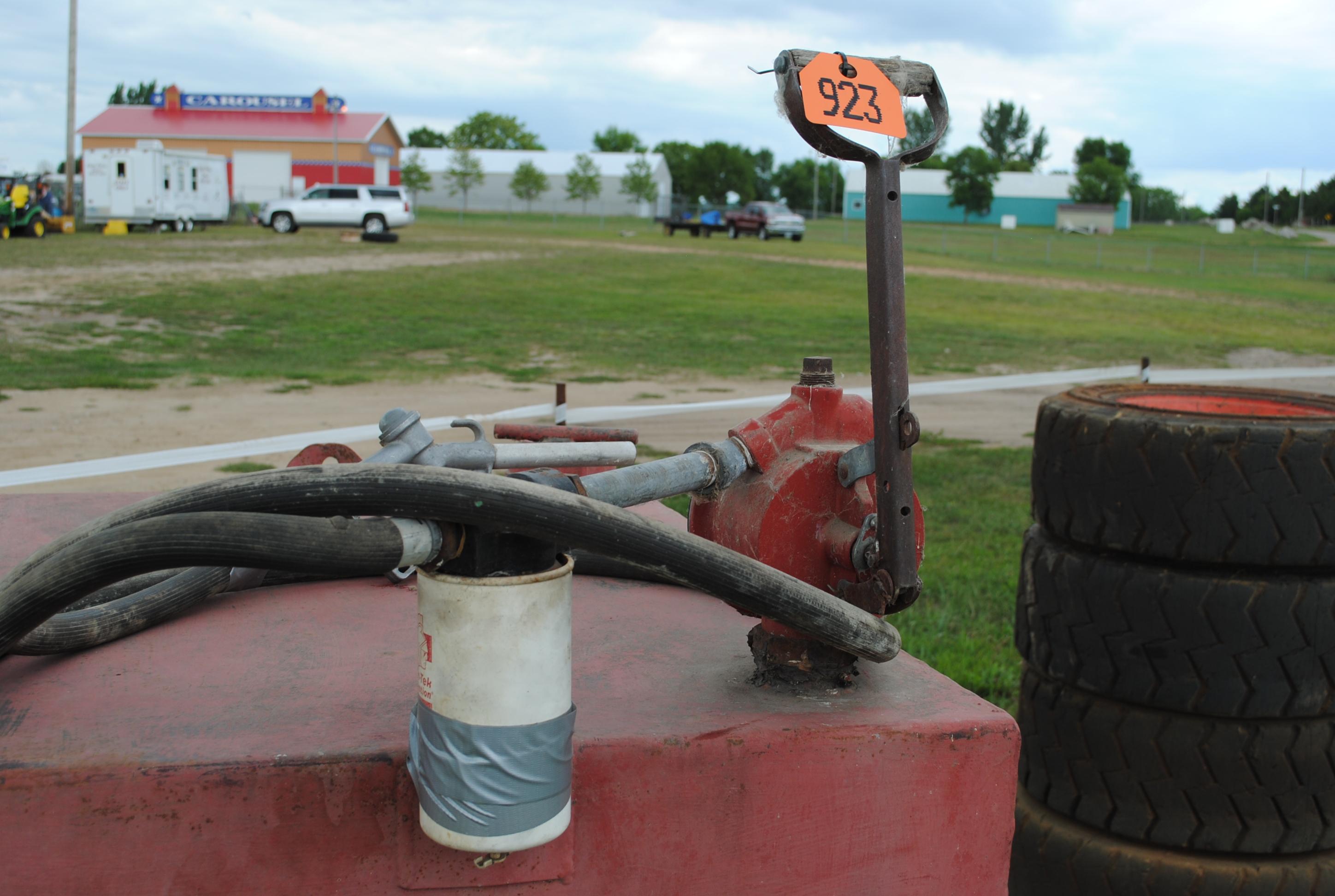 Approx. 200 gallon fuel tank with hand pump, filter & hose