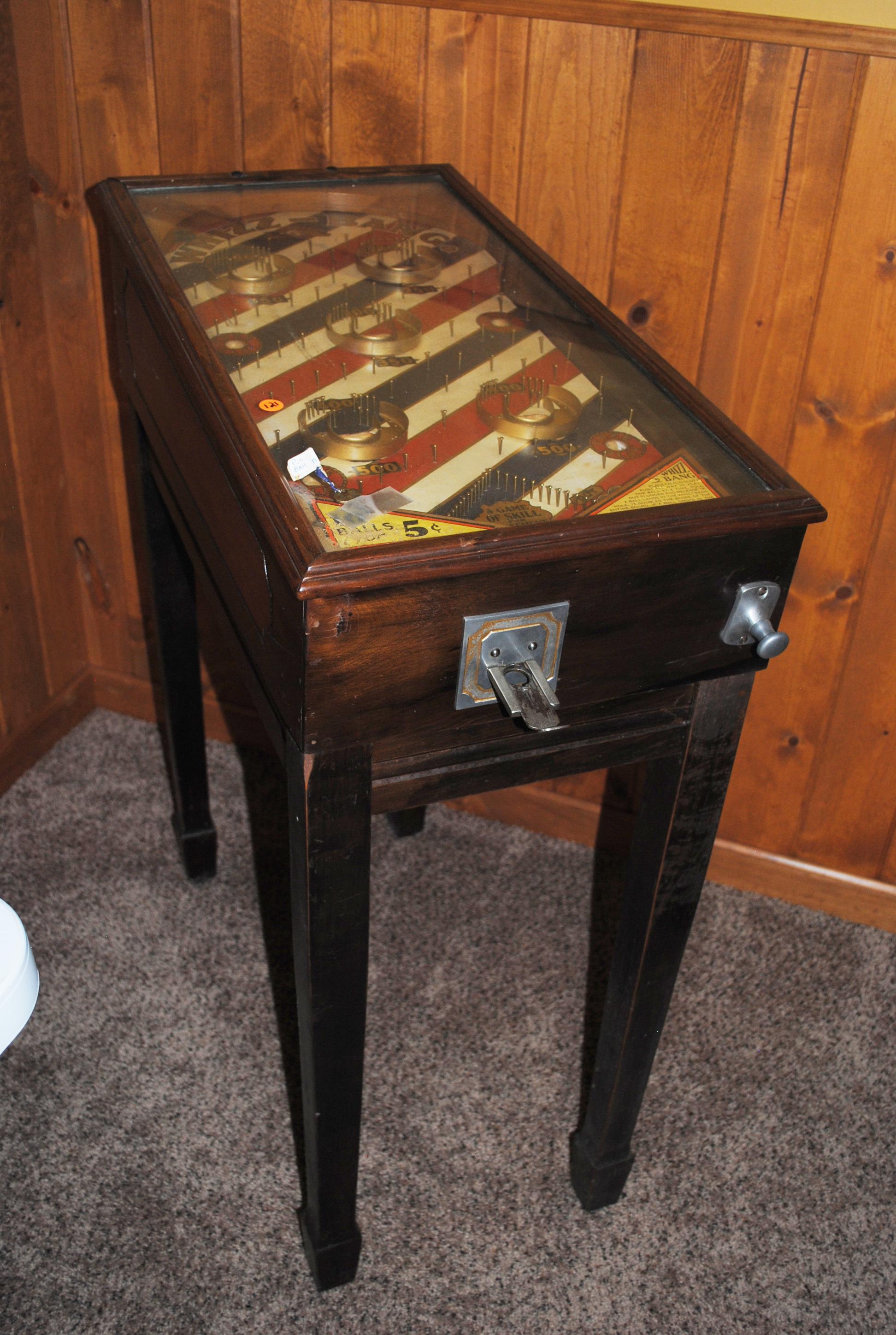 Whizz Bang vintage 5¢ pin ball machine, has key & 2 balls, works