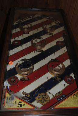 Whizz Bang vintage 5¢ pin ball machine, has key & 2 balls, works