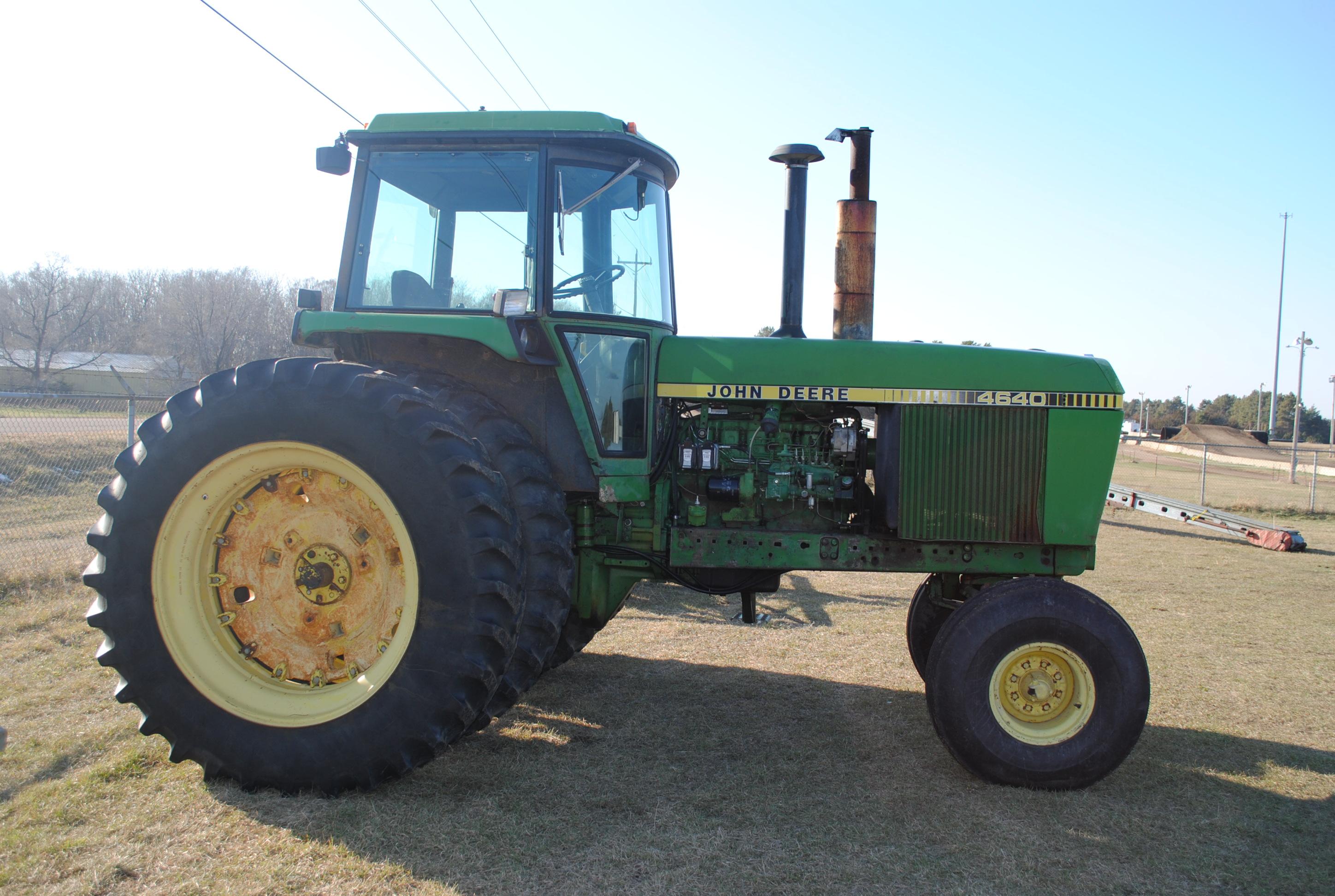 1978 John Deere 4640 tractor, 3-point, 1,000 pto, 2 hydraulics, meter shows 7,458 hours, Firestone 1