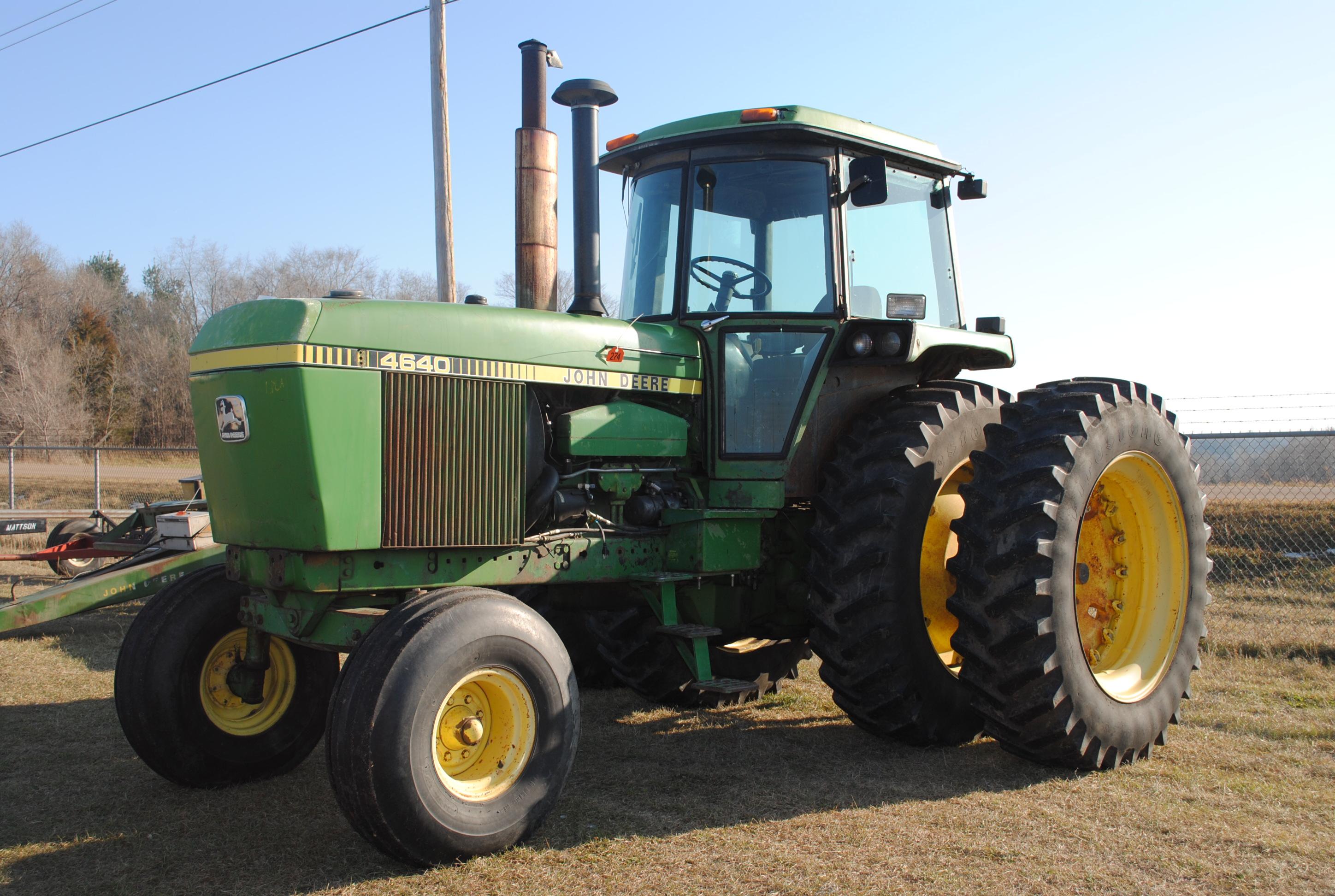 1978 John Deere 4640 tractor, 3-point, 1,000 pto, 2 hydraulics, meter shows 7,458 hours, Firestone 1