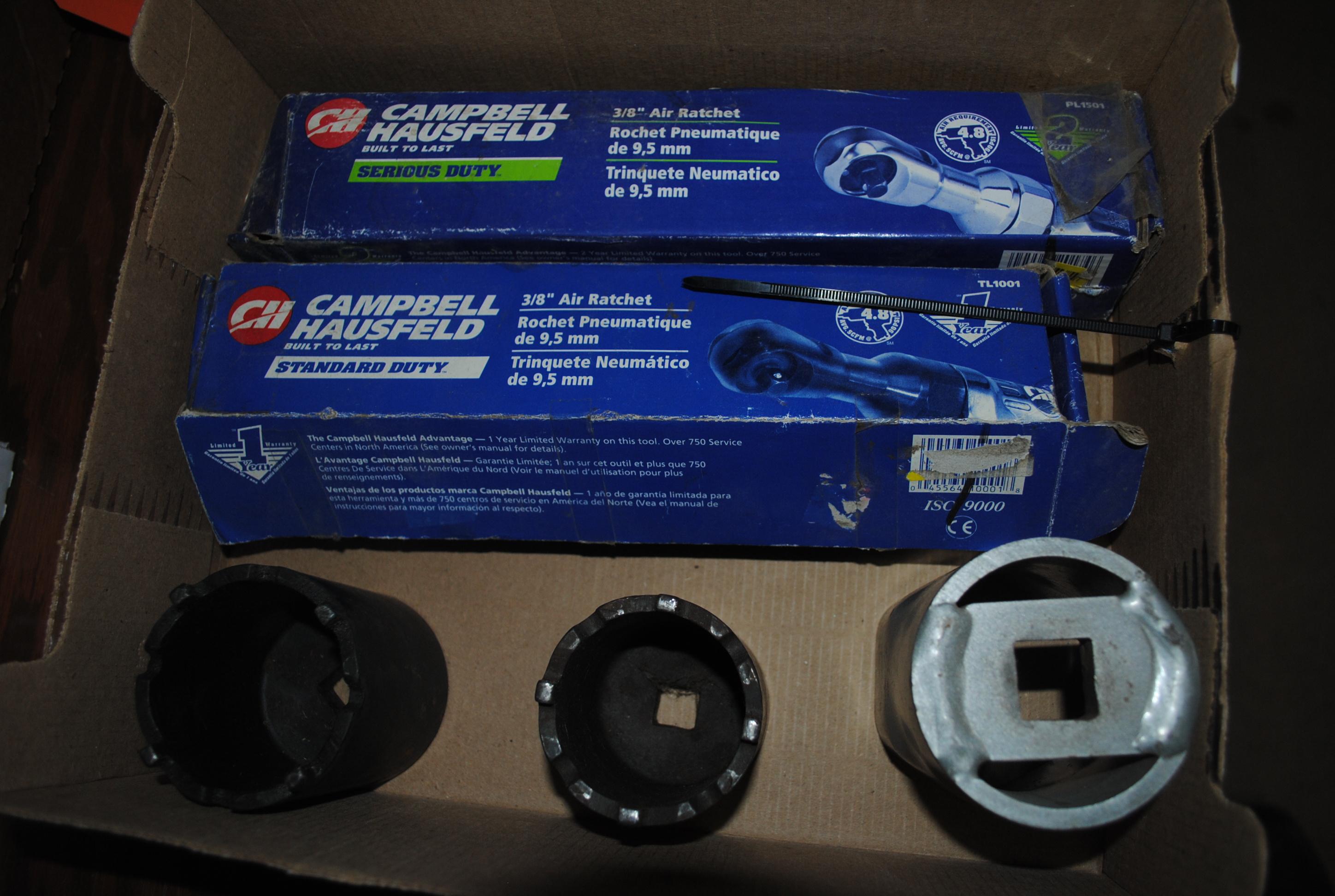 (2) Campbell Hausfeld 3/8 air ratchet, (2) large axle sockets & 3/4 2-3/8 axle nut socket