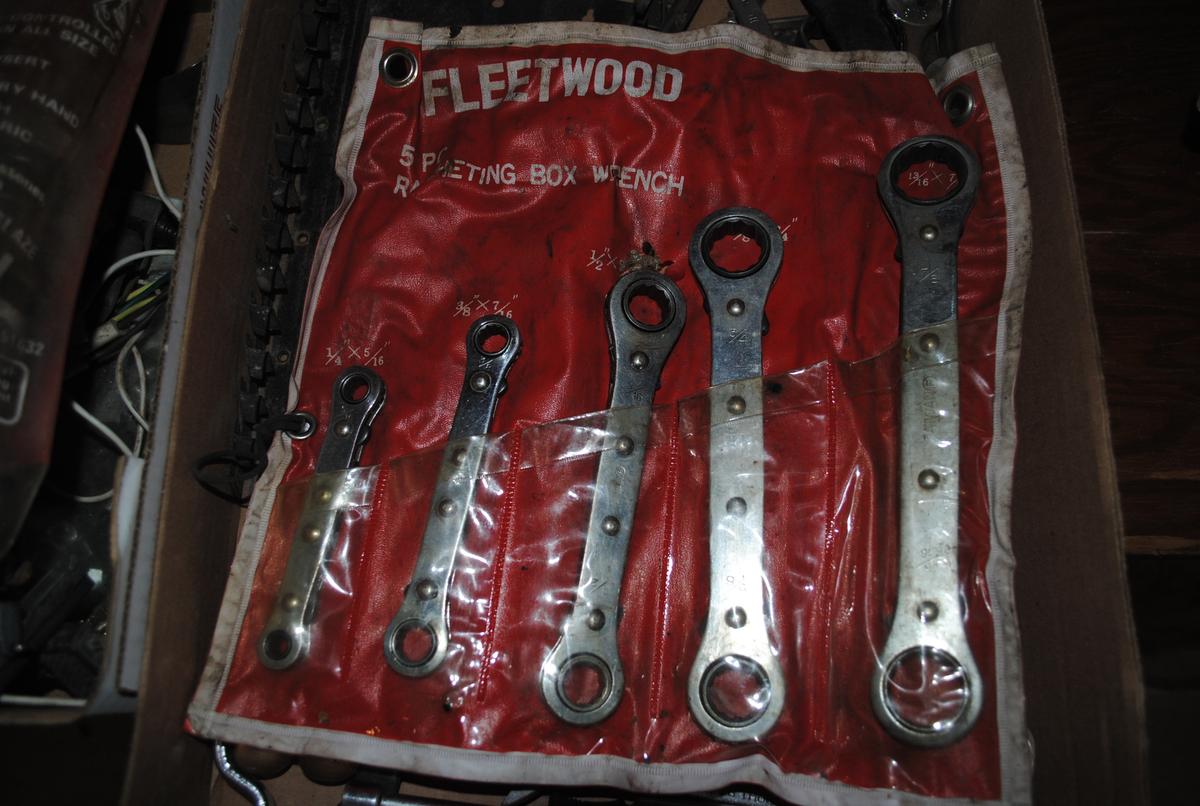 Misc. open and boxed end wrenches, ratcheting wrenches, flaring tools, misc. tools, oil filter wrenc