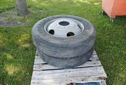 Pair of Firestone 9R22.5 12PR tires on rims (sell as pair)